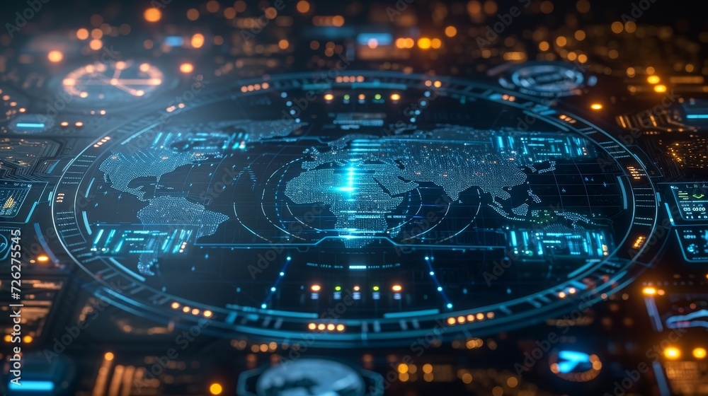 Poster Future-oriented HUD interface with 3D world map, business data charts, dashboard panel and blue holograms of circular diagrams.