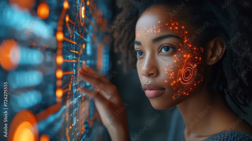Poster the image shows a young black woman operating a holographic screen and a global communication networ