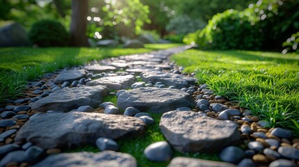 Stone garden path with grass growing between the stones. Botanical garden detail. - Powered by Adobe