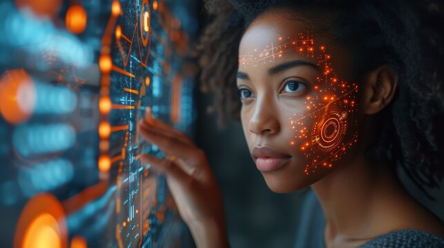The image shows a young black woman operating a holographic screen and a global communication network concept. The image could be used as a banner ad or advertisement.