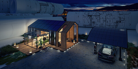  Energy supply at a family house with a solar carport (night cityscape in background) - 3D visualization