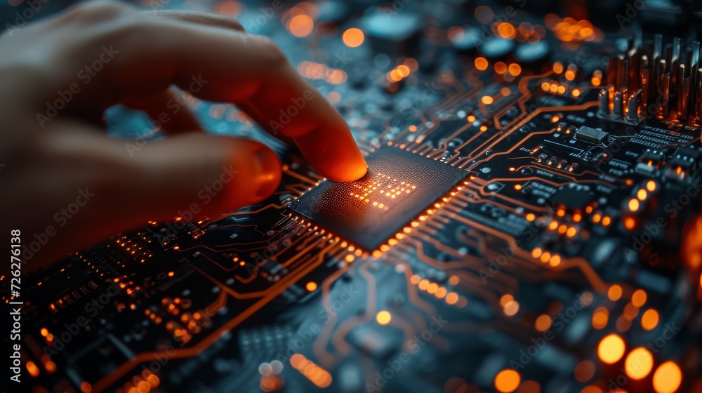 Poster By hand touching a CPU icon with artificial intelligence (AI), machine deep learning, and data mining.