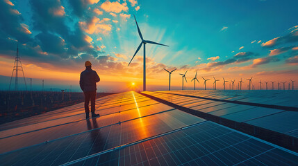 Engineer Surveying Solar Panels and Wind Turbines at Dusk. ,  clean energy concept - 726276176