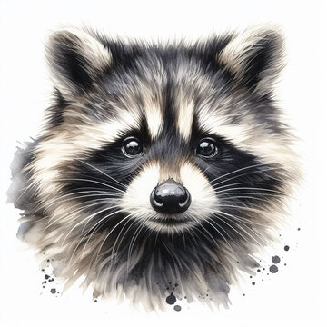 a close-up of a raccoon. The head fills most of the frame, with its thick fur rendered soft. on a white background.
