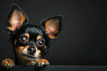Cute Chihuahua dog curious, and looking out, on dark background