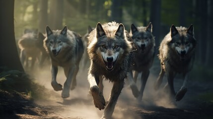 Pack of Wolves Running in Forest - Created with Photorealistic Rendering

