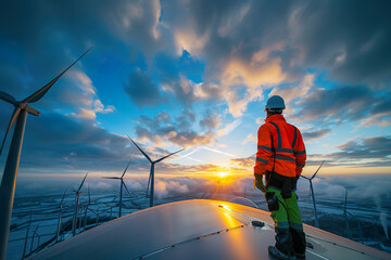 Wind Farm Technicians Evaluating Turbine Operations. ,  clean energy concept