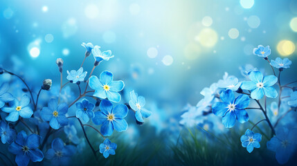 Breathtaking panoramic view of spring landscape with charming forget me not flowers in bloom
