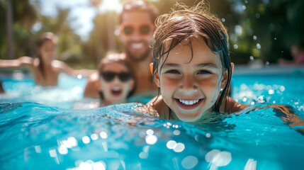 families playing in the pool