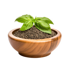Basil seeds in wooden bowl isolated on transparency background PNG - obrazy, fototapety, plakaty
