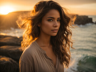 Fototapeta premium Young and beautiful woman at the rocky coastline at sunset