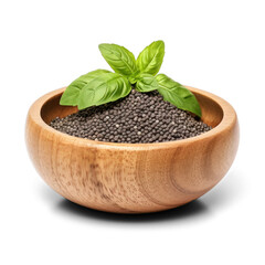 Basil seeds in wooden bowl isolated on transparency background PNG - obrazy, fototapety, plakaty