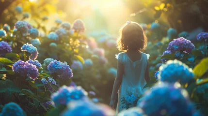 Foto auf Acrylglas Girl standing amidst hydrangea flowers © Jafger