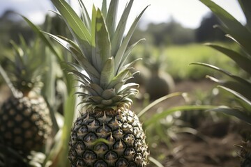 Fototapeta premium Pineapple growth plantation. Exotic sweet organic fruits orchard. Generate ai
