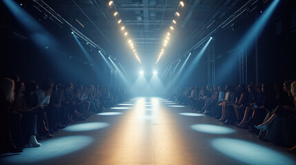 Empty floodlit catwalk for a fashion show with an audience. Trendy style event background - Powered by Adobe