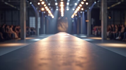 Empty floodlit catwalk for a fashion show with an audience. Trendy style event background - obrazy, fototapety, plakaty
