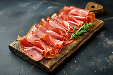 Sliced prosciutto ham on a wooden board with rosemary close-up on a dark background