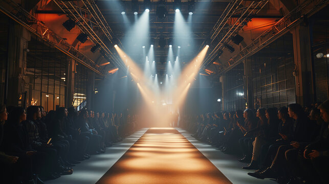 Empty floodlit catwalk for a fashion show with an audience. Trendy style event background