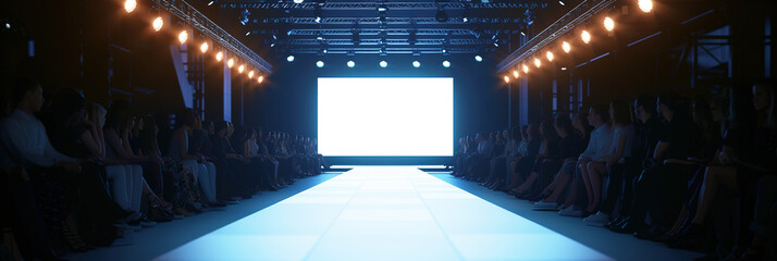 Empty floodlit catwalk for a fashion show with an audience. Trendy style event background