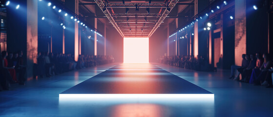 Empty floodlit catwalk for a fashion show with an audience. Trendy style event background