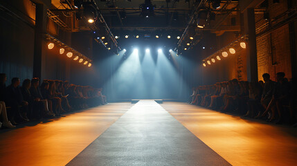 Empty floodlit catwalk for a fashion show with an audience. Trendy style event background