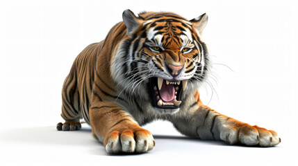 A stunning 3D rendering of a fierce tiger in all its glory. This super realistic artwork captures every intricate detail of its powerful physique, fiery eyes, and majestic presence. Perfectl