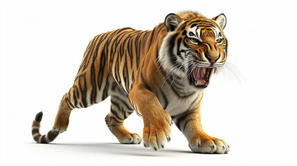 A breathtaking, hyper-realistic 3D rendering of a fierce tiger, rendered in stunning detail and set against a crisp white background. This captivating artwork showcases the immense power and