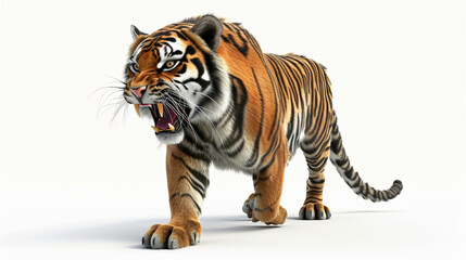 A breathtaking, hyper-realistic 3D rendering of a fierce tiger, rendered in stunning detail and set against a crisp white background. This captivating artwork showcases the immense power and