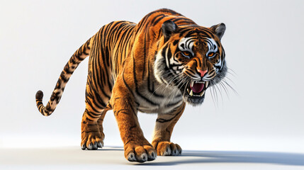 A breathtaking, hyper-realistic 3D rendering of a fierce tiger, rendered in stunning detail and set against a crisp white background. This captivating artwork showcases the immense power and