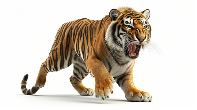 A breathtaking, hyper-realistic 3D rendering of a fierce tiger, rendered in stunning detail and set against a crisp white background. This captivating artwork showcases the immense power and