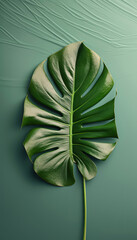 monstera leaf on green background minimalist photography top view, Generative AI