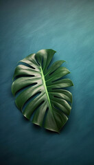 monstera leaf minimalist on blue background top view, Generative AI