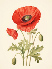 vintage poppy flower illustration, Generative AI