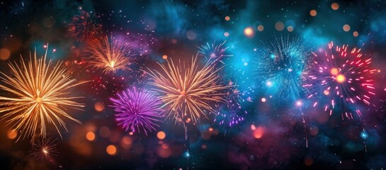 HAPPY NEW YEAR 2024 - Firework silvester New Year's Eve Party festival celebration holiday background banner greeting card - Closeup of colorful fireworks pyrotechnics in the, Generative AI 