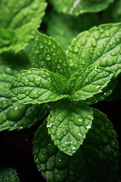 fresh peppermint leaves with water drops close-up photography, Generative AI