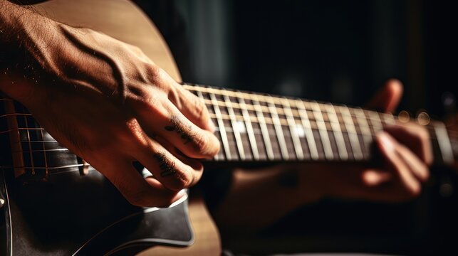 Man's fingers playing acoustic guitar Close up view, singing a pop song band.