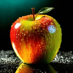 Radiant Apple with Dew Drops and Reflective Surface