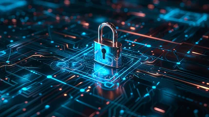 Deurstickers Explore the forefront of cybersecurity with this 3D illustration—padlock on optic fibres, safeguarding business and financial data from digital threats. AI generative © supaporn