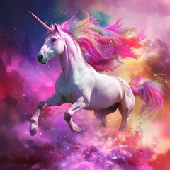 Obraz na płótnie Canvas Enter a fantastical realm with this vibrant, AI generative unicorn—a majestic blend of pinks and purples, embodying the magic of a whimsical fantasy world
