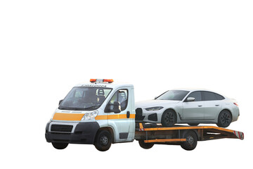 An Isolated Image of a Tow Truck with a Damaged Car. A Vehicle Recovery Scenario and roadside assistance.
