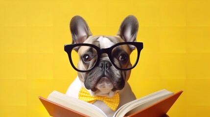 Surprised Dog in Glasses Holding Opened Book

