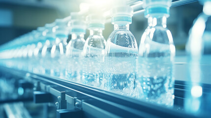 water bottling production line in factor with clean plastic bottle