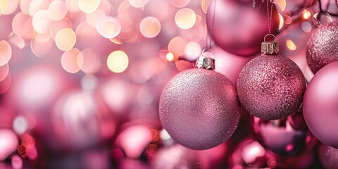 Christmas celebration decoration holiday banner template greeting card - Closeup of  group of hanging pink baubles ornaments and bokeh lights, shiny, Generative AI 