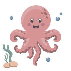 Vector cute pink octopus. Cartoon underwater inhabitant. Satisfied octopus with a smile.