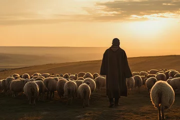 Poster Shepherd with sheep flock. Pasture rural sunset landscape view. Generate ai © nsit0108