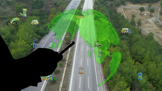 Intelligent Vehicles Cars Communicating Ai Logistic Autonomous Delivery Vehicles IoT GPS Tracking Satellite 5G Smart Roads Traffic Road Junction Interchange Motorway Triangulation Of Traffic Data