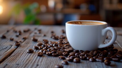 A Cup of Coffee Surrounded by Coffee Beans - obrazy, fototapety, plakaty