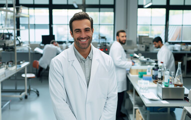 Fototapeta premium Male scientist wearing white coat and glasses in modern laboratory with team specialist on background.