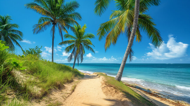 A sandy beach path flanked by towering palm trees leading to the ocean.. 