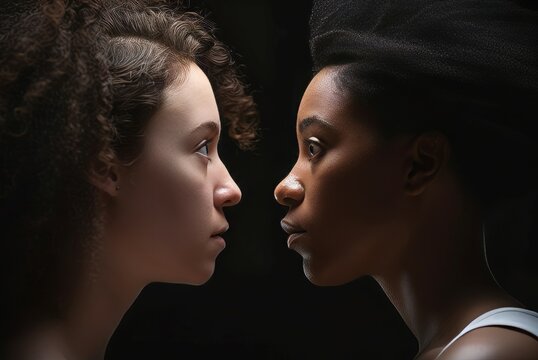 Side view of black woman and white woman. Diverse women looking to each other portrait. Generate ai